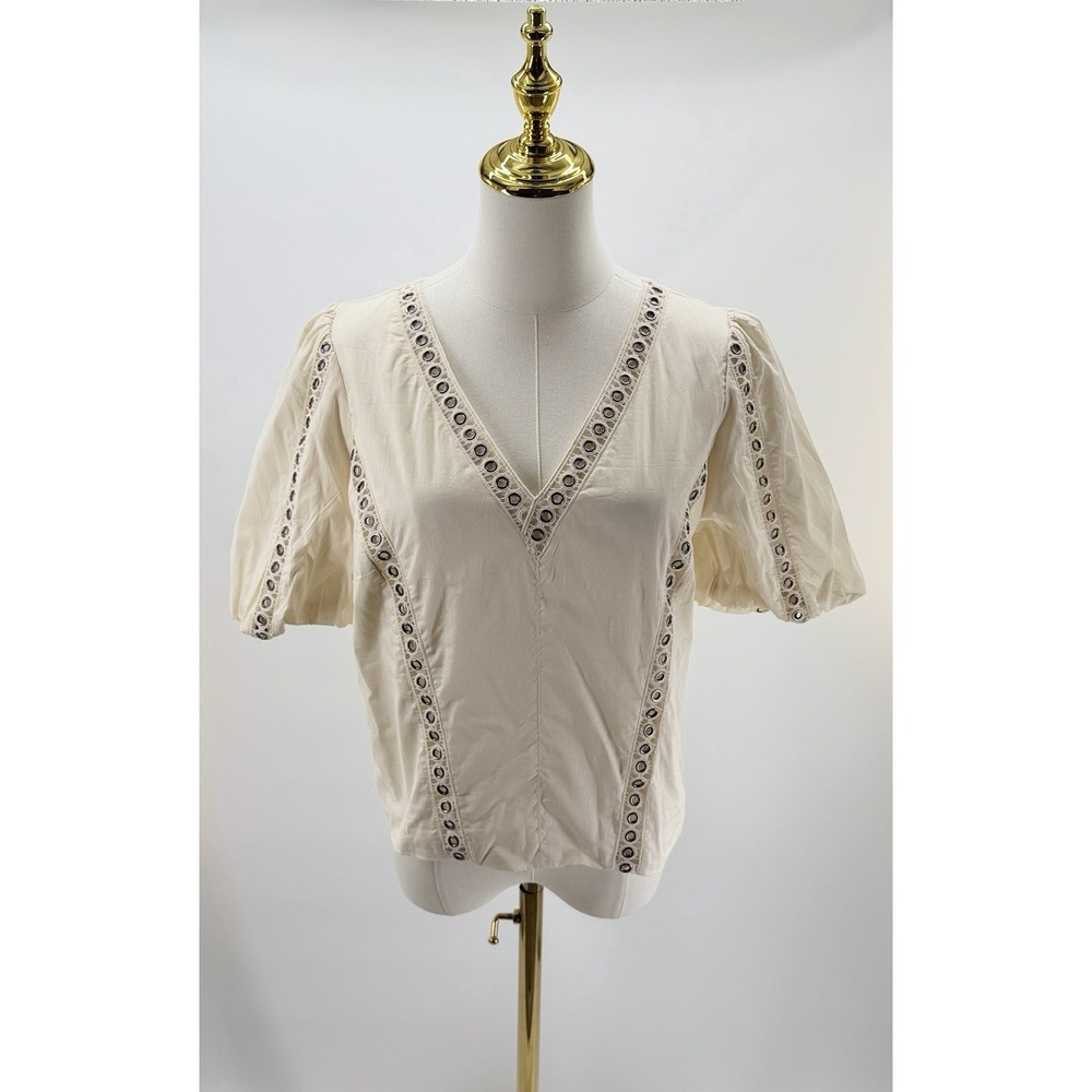 DKNY Women's Cotton Grommet Trim Off-White V Neck Side Zip Shirt Size Medium M